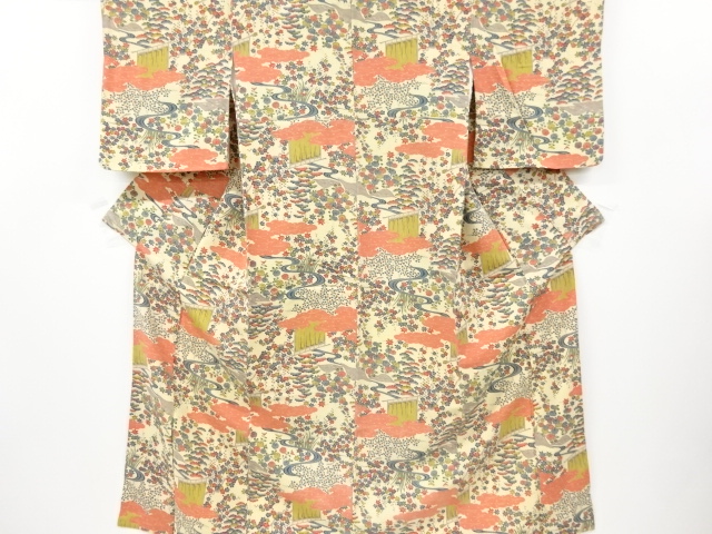 アンティーク　雲に草花模様　上代紬着物